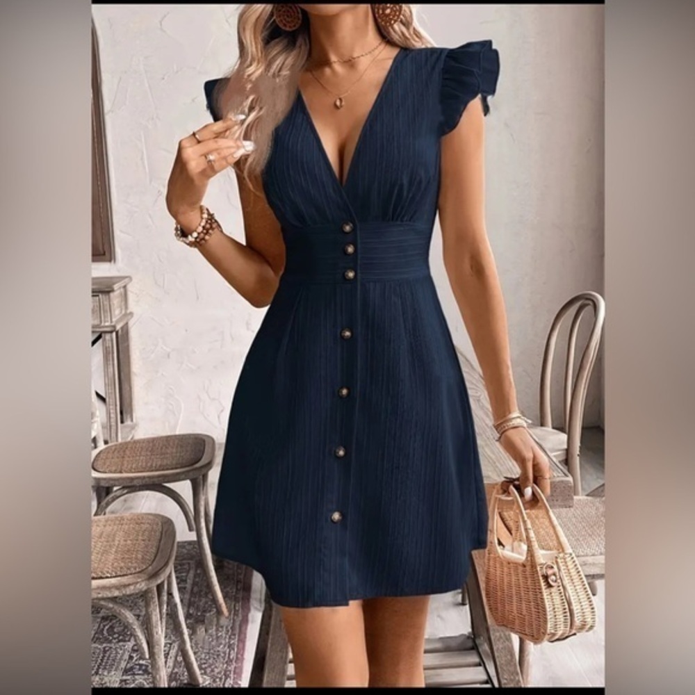 Women's Dress Ruffle Sleeve V-Neck Button Front A-Line Short Navy Blue Elastic